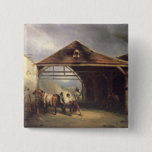 Badge Carré 5 Cm Un maréchal-ferrant chaussant un cheval