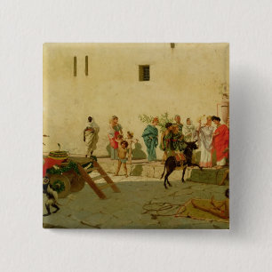 Badge Carré 5 Cm Une scène romaine de rue avec des musiciens et un