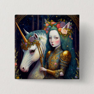 Badge Carré 5 Cm Unicorn et Lady Imaginaire Art