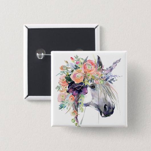 Badge Carré 5 Cm Unicorne en fleurs (Devant & derrière)