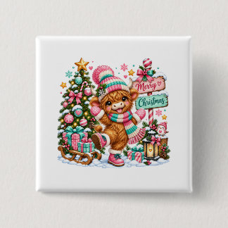 Badge Carré 5 Cm Vache des Highlands Joyeux Noël