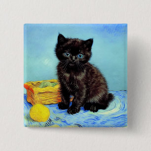 Badge Carré 5 Cm Van Gogh Black Kitten avec fils