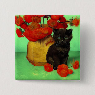 Badge Carré 5 Cm Van Gogh Black Kitten Fleurs rouges