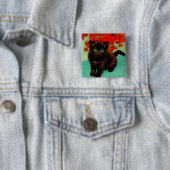 Badge Carré 5 Cm Van Gogh Chat noir Fleurs rouges (En situation)