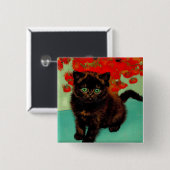 Badge Carré 5 Cm Van Gogh Chat noir Fleurs rouges (Devant & derrière)