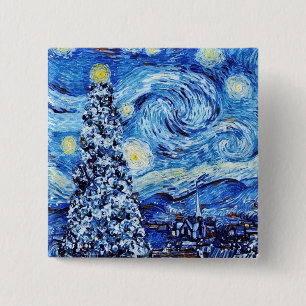 Badge Carré 5 Cm Van Gogh - La nuit étoilée - Noël blanc