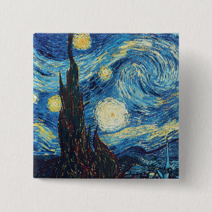 Badge Carré 5 Cm Van Gogh Nuit Étoilée Vintage Bleu Chef-d'œuvre