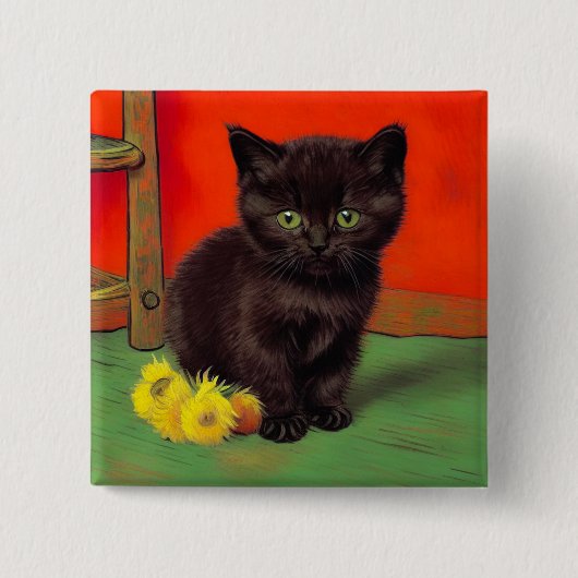 Badge Carré 5 Cm Van Gogh Style Chat noir (Devant)