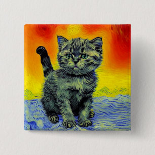 Badge Carré 5 Cm Van Gogh Style Chat Sunset Beach