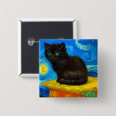 Badge Carré 5 Cm Van Gogh Style Starry Night Cat (Devant & derrière)