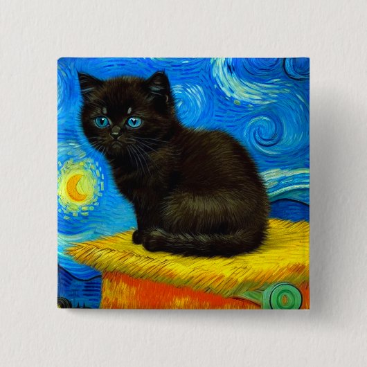 Badge Carré 5 Cm Van Gogh Style Starry Night Cat (Devant)