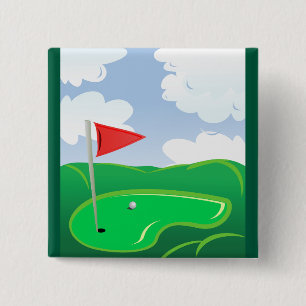 Badge Carré 5 Cm Vert de golf avec drapeau rouge et balle