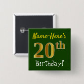 Badge Carré 5 Cm Vert, Faux Gold 20e anniversaire, avec nom personn (Devant & derrière)