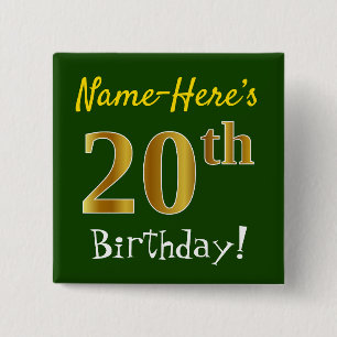 Badge Carré 5 Cm Vert, Faux Gold 20e anniversaire, avec nom personn