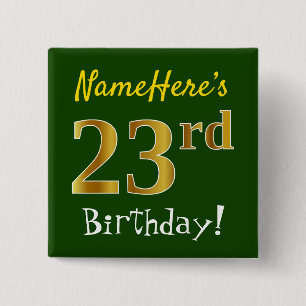 Badge Carré 5 Cm Vert, Faux Gold 23e anniversaire, avec nom personn