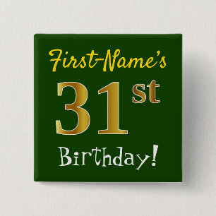 Badge Carré 5 Cm Vert, Faux Gold 31ème Anniversaire, Avec Nom Perso