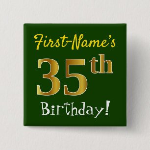 Badge Carré 5 Cm Vert, Faux Gold 35e anniversaire, avec nom personn