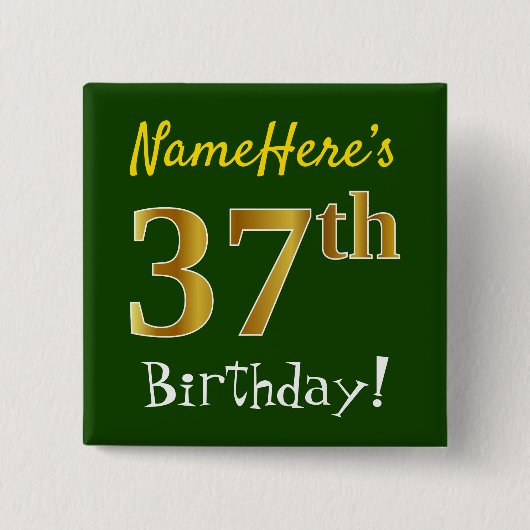 Badge Carré 5 Cm Vert, Faux Gold 37e anniversaire, avec nom personn (Devant)