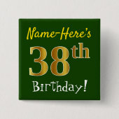 Badge Carré 5 Cm Vert, Faux Gold 38e anniversaire, avec nom personn (Devant)