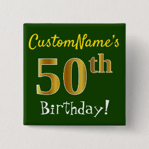 Badge Carré 5 Cm Vert, Faux Gold 50e Anniversaire, Avec Nom Personn