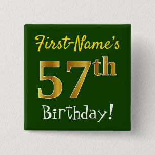 Badge Carré 5 Cm Vert, Faux Gold 57e anniversaire, avec nom personn