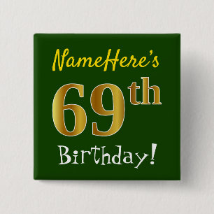 Badge Carré 5 Cm Vert, Faux Gold 69e anniversaire, avec nom personn