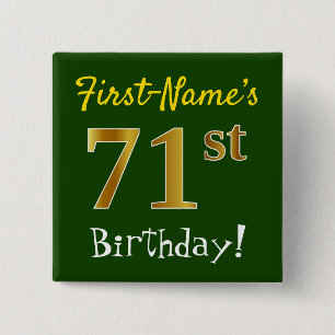 Badge Carré 5 Cm Vert, Faux Gold 71ème Anniversaire, Avec Nom Perso