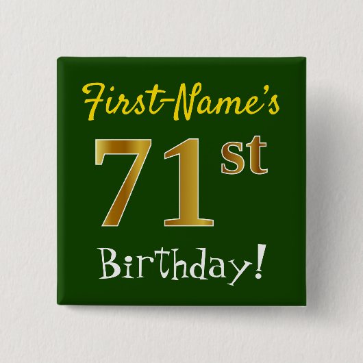 Badge Carré 5 Cm Vert, Faux Gold 71ème Anniversaire, Avec Nom Perso (Devant)