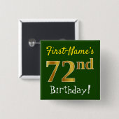 Badge Carré 5 Cm Vert, Faux Gold 72e anniversaire, avec nom personn (Devant & derrière)