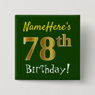 Badge Carré 5 Cm Vert, Faux Gold 78e anniversaire, avec nom personn