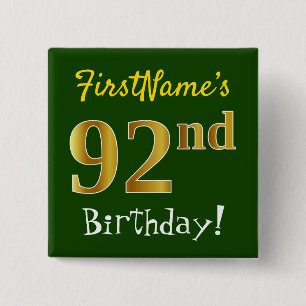 Badge Carré 5 Cm Vert, Faux Gold 92e anniversaire, avec nom personn