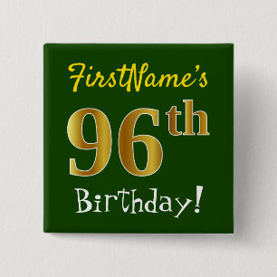 Badge Carré 5 Cm Vert, Faux Gold 96e anniversaire, avec nom personn