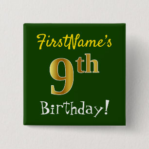 Badge Carré 5 Cm Vert, Faux Gold 9e anniversaire, avec nom personna