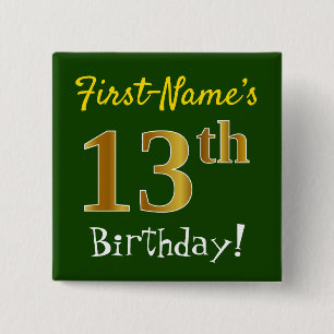 Badge Carré 5 Cm Vert, Faux Or 13ème Anniversaire, Avec Nom Personn