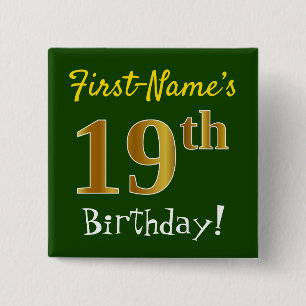 Badge Carré 5 Cm Vert, Faux Or 19ème Anniversaire, Avec Nom Personn
