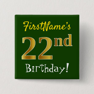 Badge Carré 5 Cm Vert, Faux Or 22e Anniversaire, Avec Nom Personnal