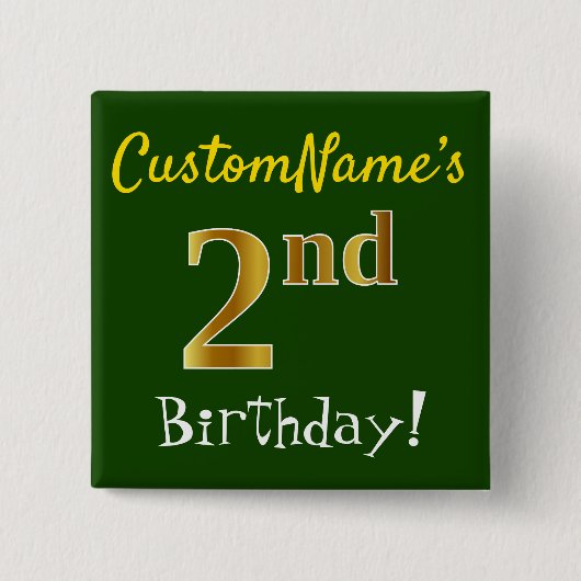 Badge Carré 5 Cm Vert, Faux Or 2ème Anniversaire, Avec Nom Personna (Devant)