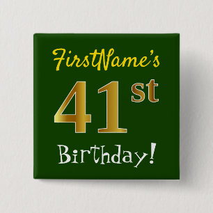 Badge Carré 5 Cm Vert, Faux Or 41ème Anniversaire, Avec Nom Personn
