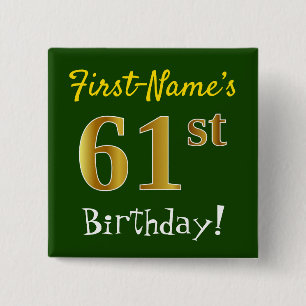 Badge Carré 5 Cm Vert, Faux Or 61ème Anniversaire, Avec Nom Personn