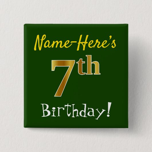 Badge Carré 5 Cm Vert, Faux Or 7ème anniversaire, avec nom personna (Devant)
