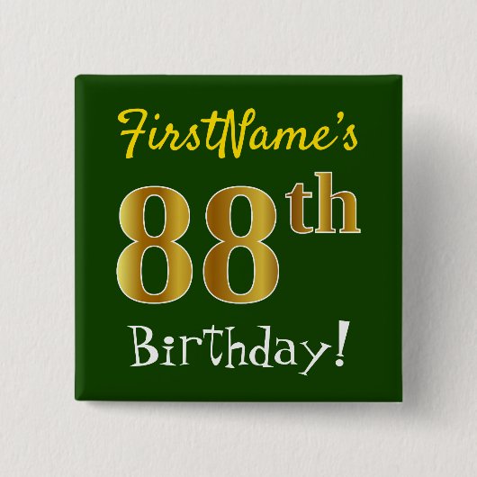 Badge Carré 5 Cm Vert, Faux Or 88ème Anniversaire, Avec Nom Personn (Devant)