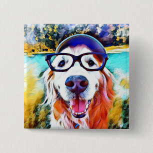 Badge Carré 5 Cm Vibrant Golden Retriever Nerd lunettes Peinture
