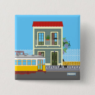Badge Carré 5 Cm Vieille maison de Lisbonne avec chats et tramway j
