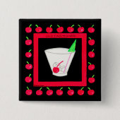 Badge Carré 5 Cm Vieux style rétro Boire Cerises rouges sur Noir (Devant)