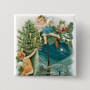 Badge Carré 5 Cm Village de Noël avec Anges