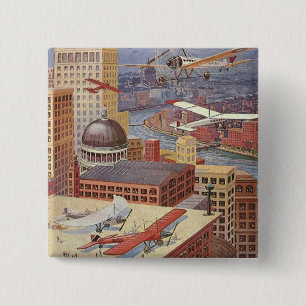 Badge Carré 5 Cm Ville de science-fiction vintage, Steam Punk victo