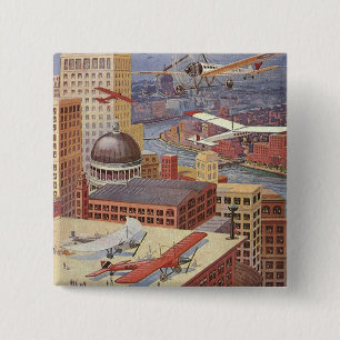 Badge Carré 5 Cm Ville de science-fiction vintage, Victorian Steam 