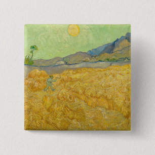 Badge Carré 5 Cm Vincent van Gogh - Champ de blé avec un moissonneu