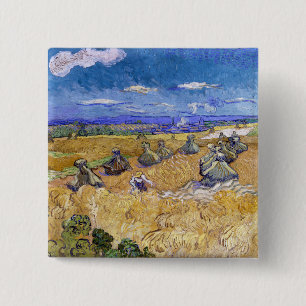 Badge Carré 5 Cm Vincent van Gogh - Meules de blé avec des moissonn