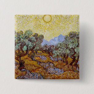 Badge Carré 5 Cm Vincent van Gogh - Oliviers, Ciel Jaune et Soleil